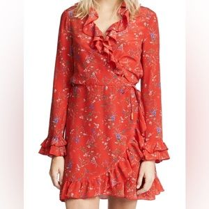 PALOMA BLUE Fiesta Ruffle Wrap Silk Dress Red Floral Small